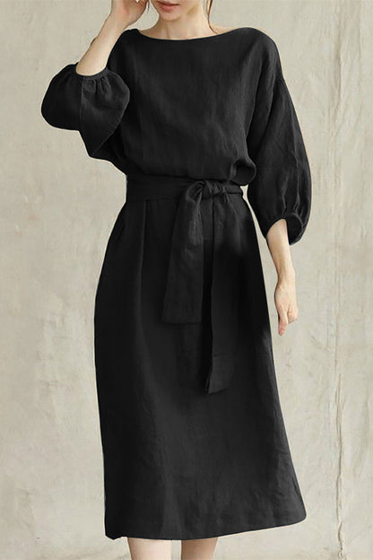 Linen Blend Midi Dress with Tie Waist