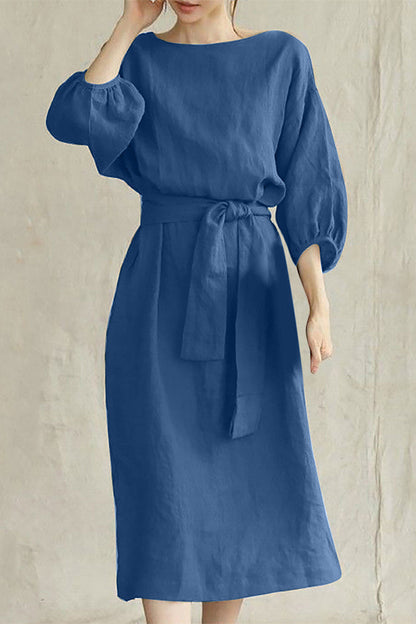 Linen Blend Midi Dress with Tie Waist
