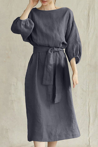 Linen Blend Midi Dress with Tie Waist
