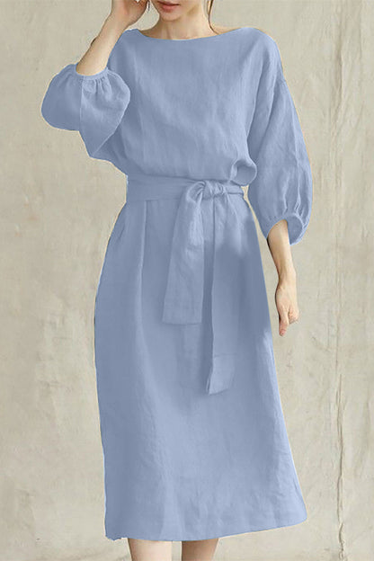 Linen Blend Midi Dress with Tie Waist