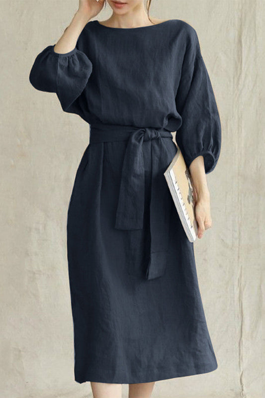 Linen Blend Midi Dress with Tie Waist - 
Fashinoza