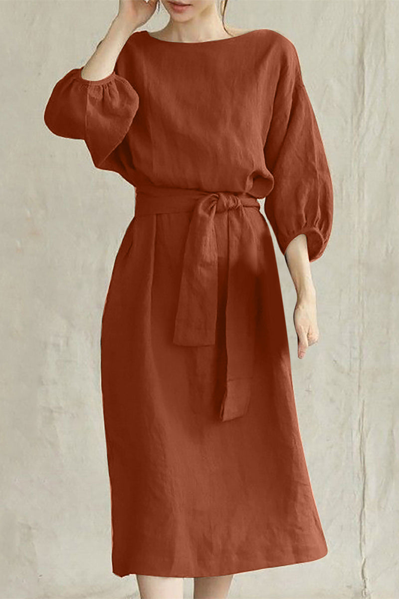 Linen Blend Midi Dress with Tie Waist