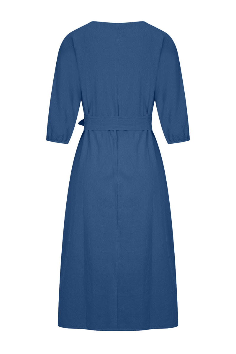 Linen Blend Midi Dress with Tie Waist