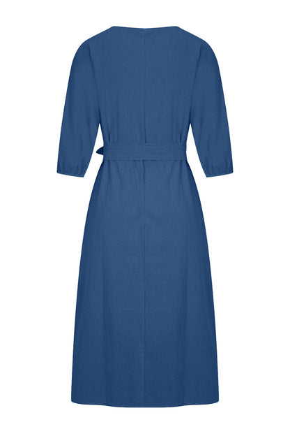 Linen Blend Midi Dress with Tie Waist