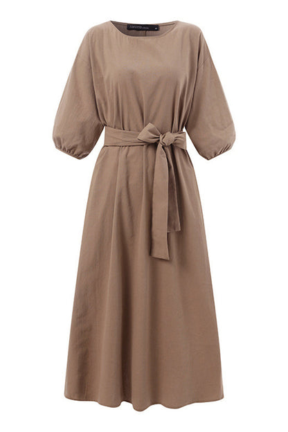 Linen Blend Midi Dress with Tie Waist