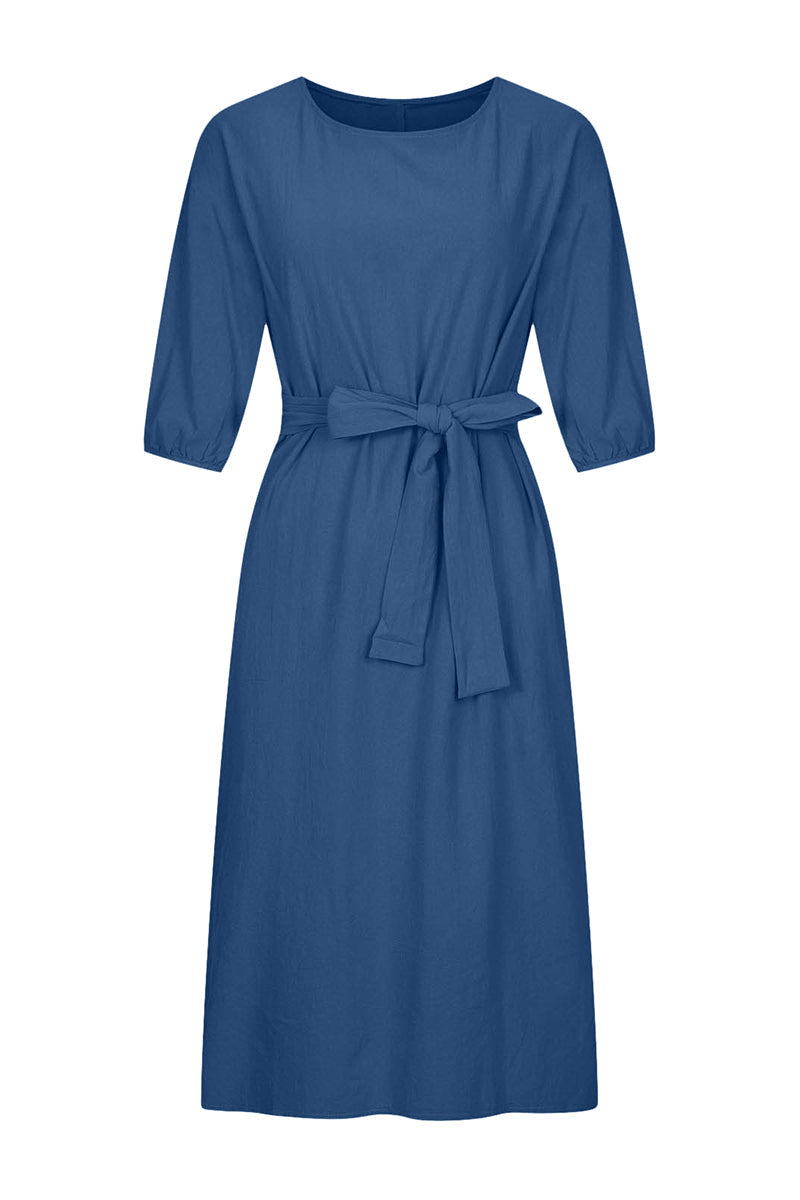 Linen Blend Midi Dress with Tie Waist