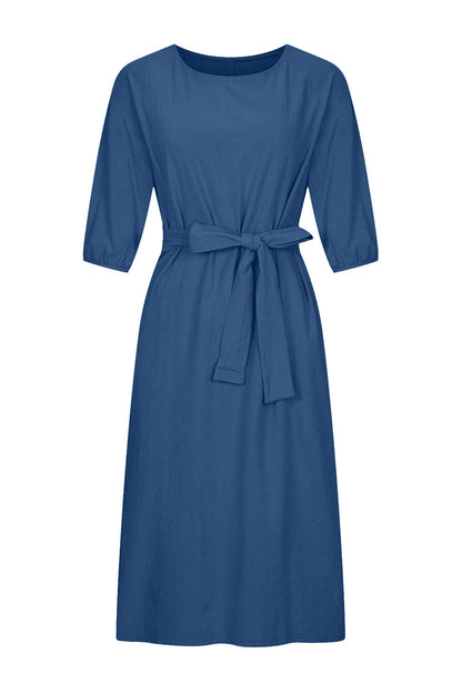 Linen Blend Midi Dress with Tie Waist
