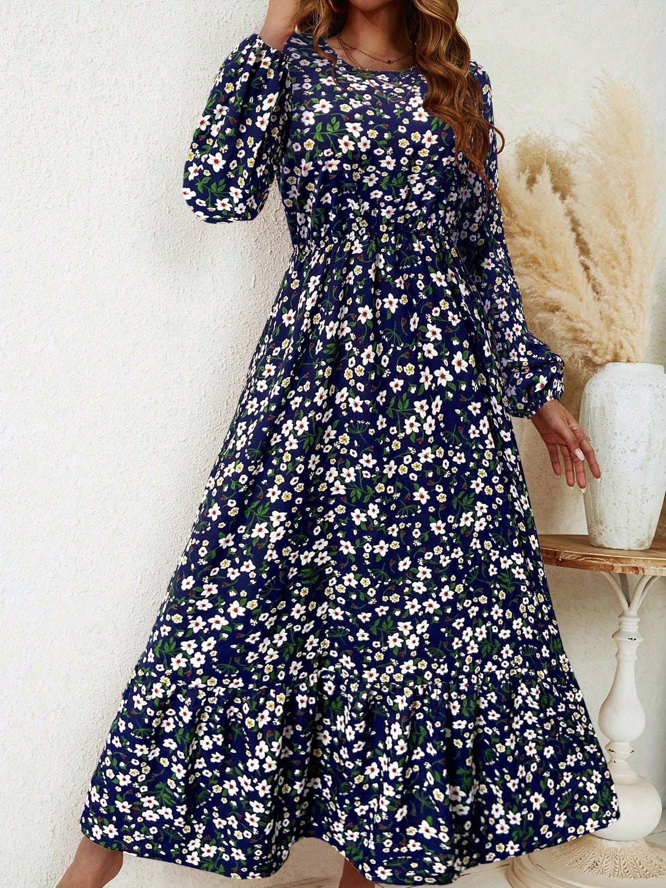Women's Floral Maxi Dress Smocked Waist Bishop Sleeves