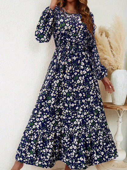 Women's Floral Maxi Dress Smocked Waist Bishop Sleeves