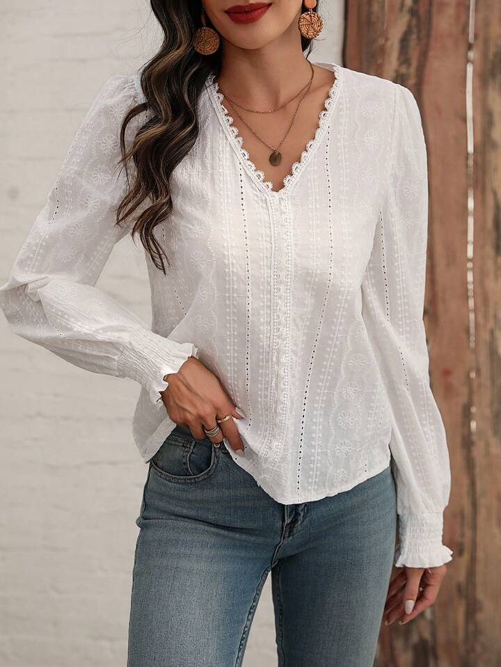 Women's V-Neck Blouse Lace Trim Long Sleeves - Fashinoza