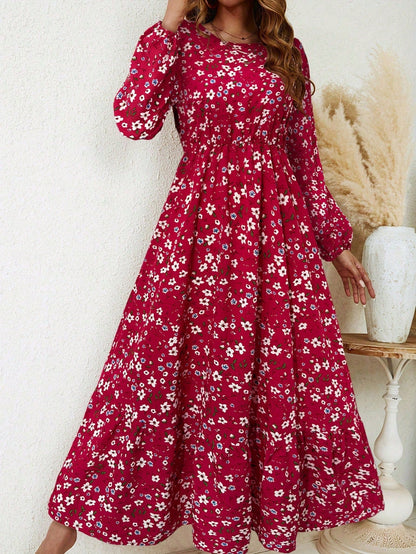 Women's Floral Maxi Dress Smocked Waist Bishop Sleeves