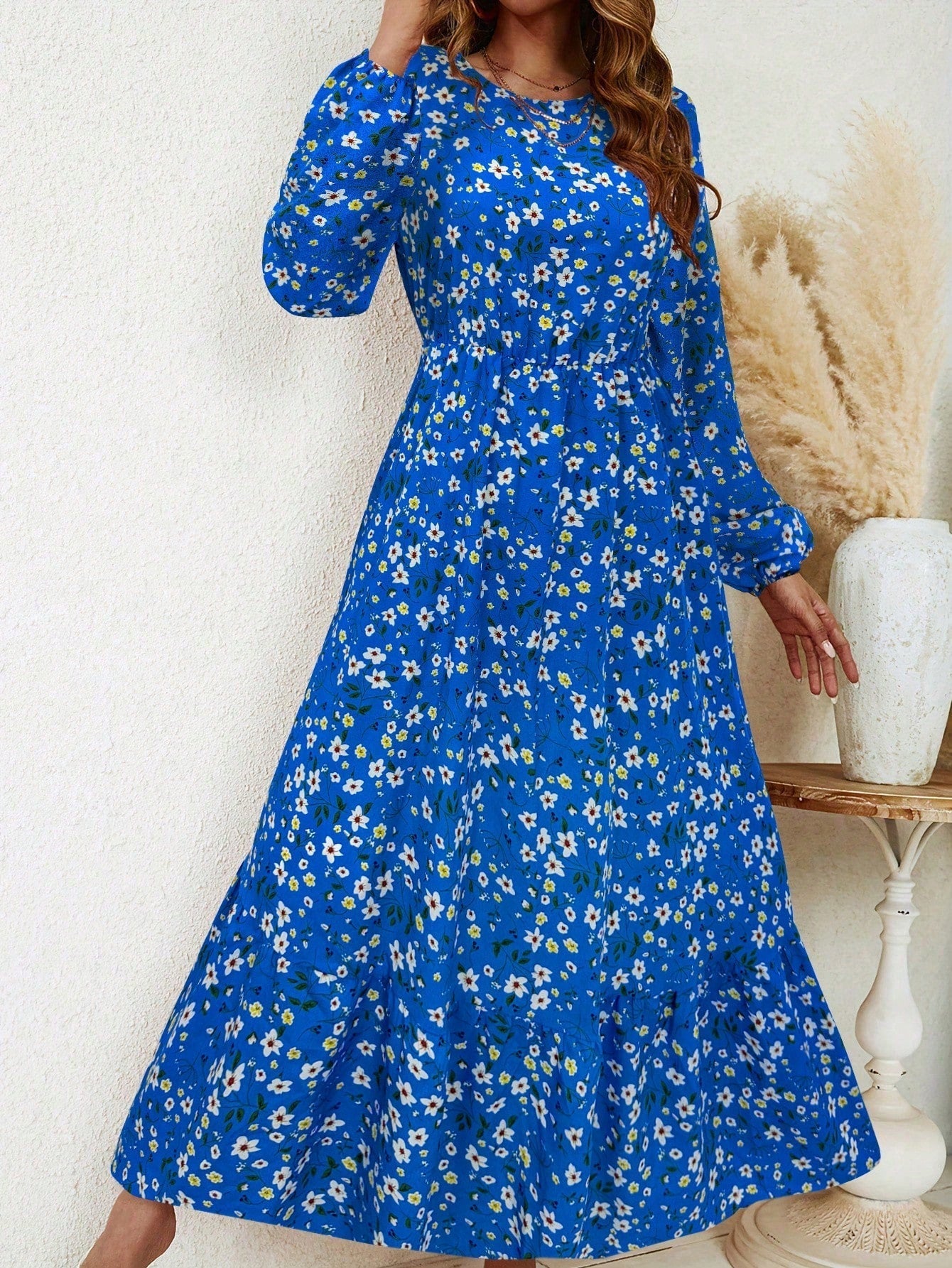 Women's Floral Maxi Dress Smocked Waist Bishop Sleeves