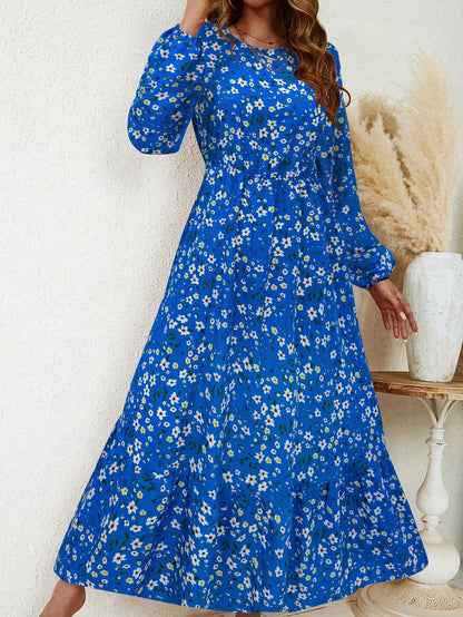 Women's Floral Maxi Dress Smocked Waist Bishop Sleeves