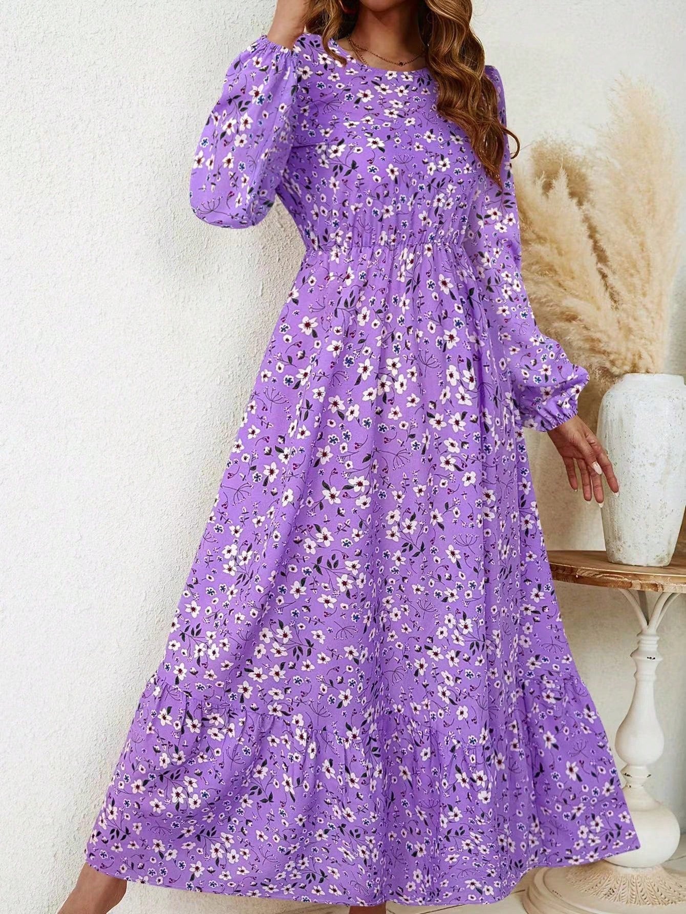 Women's Floral Maxi Dress Smocked Waist Bishop Sleeves