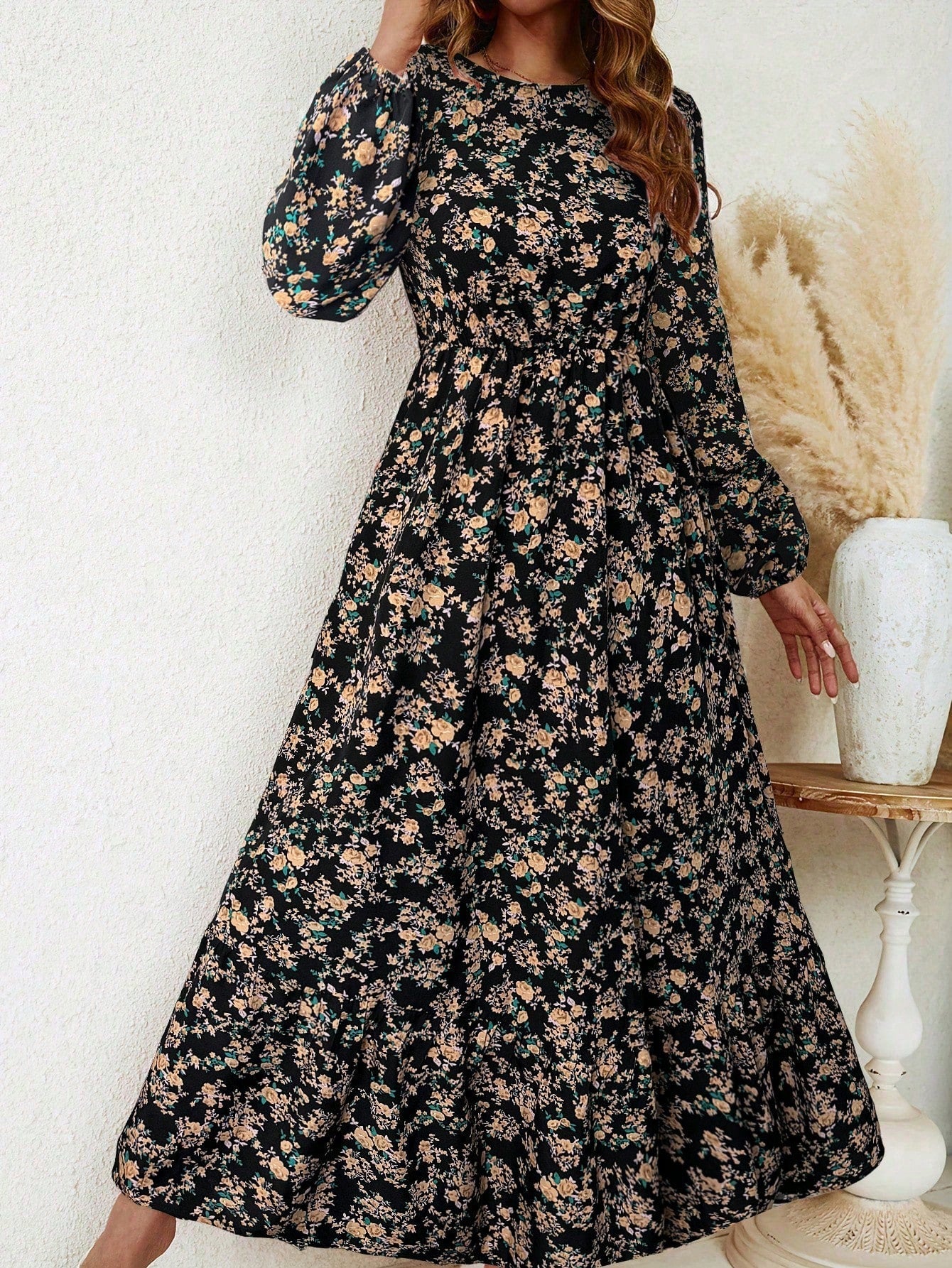 Women's Floral Maxi Dress Smocked Waist Bishop Sleeves - Fashinoza