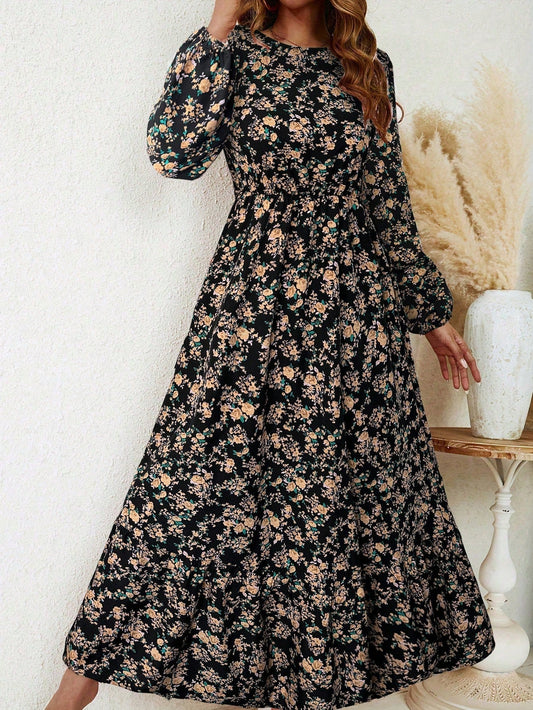 Women's Floral Maxi Dress Smocked Waist Bishop Sleeves - Fashinoza