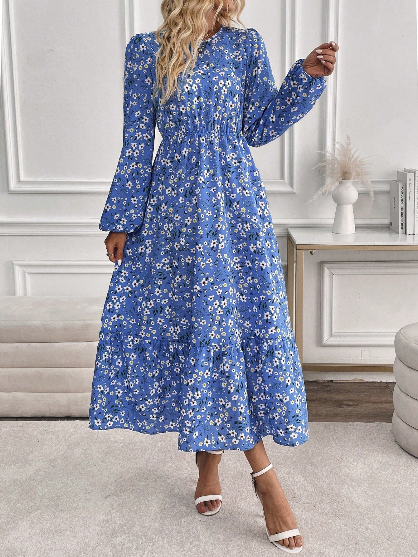 Women's Floral Maxi Dress Smocked Waist Bishop Sleeves
