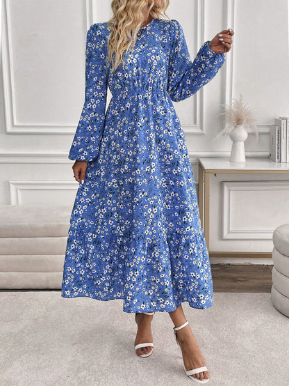 Women's Floral Maxi Dress Smocked Waist Bishop Sleeves