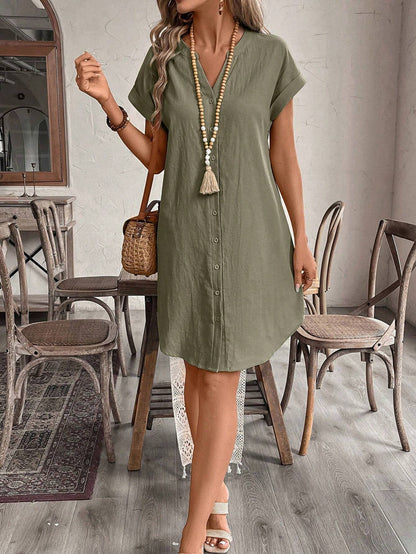Button Front Short Sleeve Casual Mini Dress