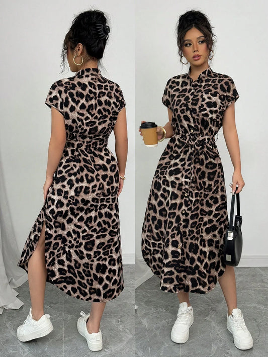 Leopard Print Front Button Shirt  long dress