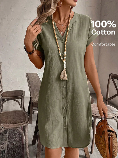 Button Front Short Sleeve Casual Mini Dress