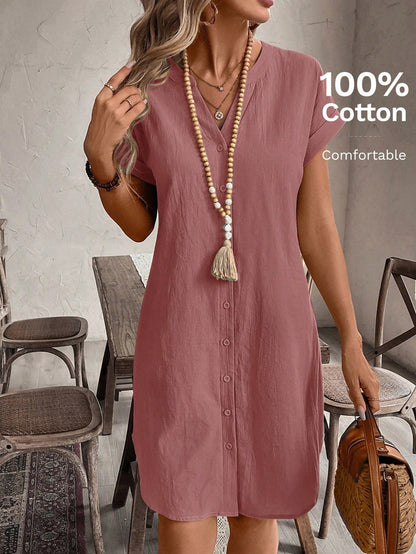 Button Front Short Sleeve Casual Mini Dress