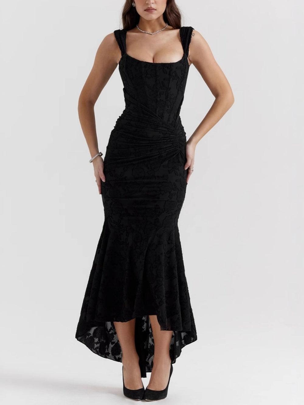 Fitted Square-Neck Black Midi Gown
