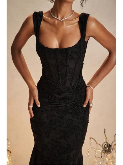Fitted Square-Neck Black Midi Gown
