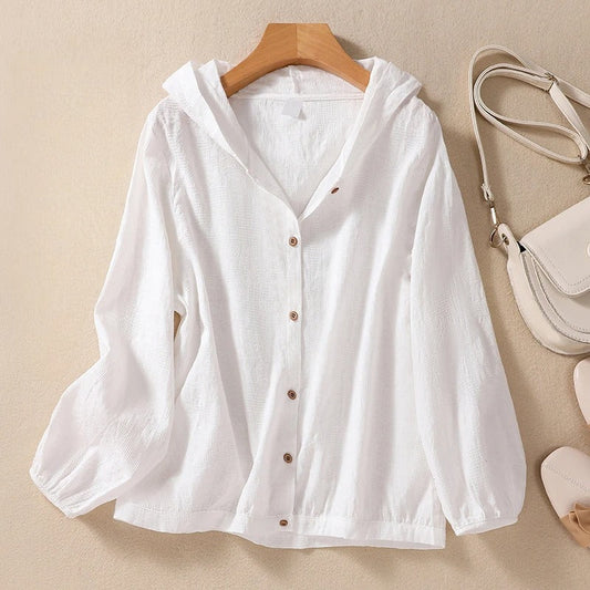 Women's Hooded Button Down Blouse - Fashinoza