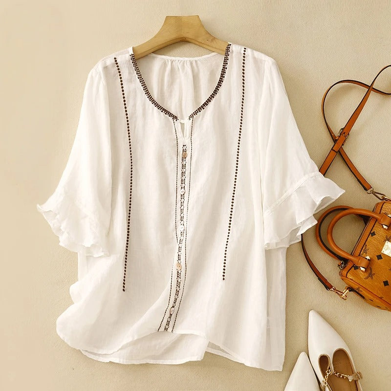 Women's Ruffle Sleeve Blouse Button Front - Fashinoza