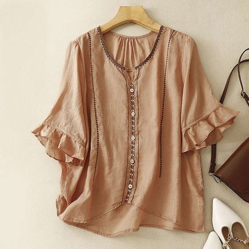 Women's Ruffle Sleeve Blouse Button Front