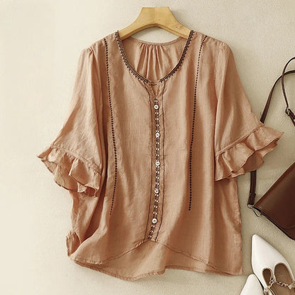 Women's Ruffle Sleeve Blouse Button Front