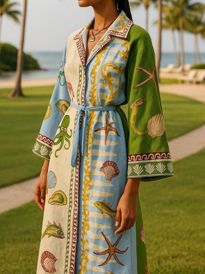 Womens Printed Midi Shirt Dress Belted