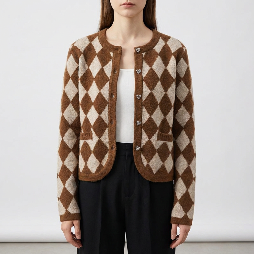 Merino Wool Argyle Cardigan Sweater - 
Fashinoza
