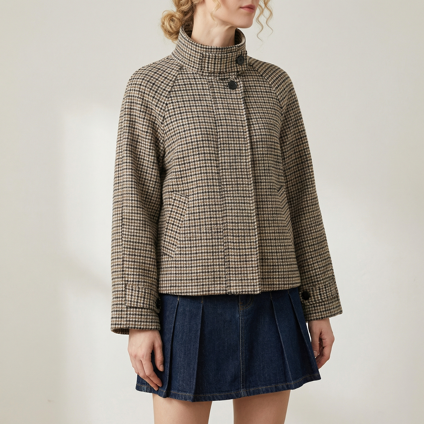 Women's Check Turtleneck Wool Coat - 
Fashinoza
