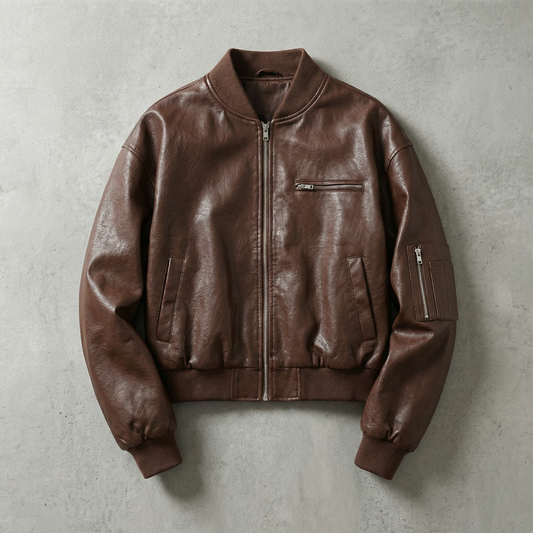 Women's Faux Leather Cropped Bomber Jacket - 
Fashinoza