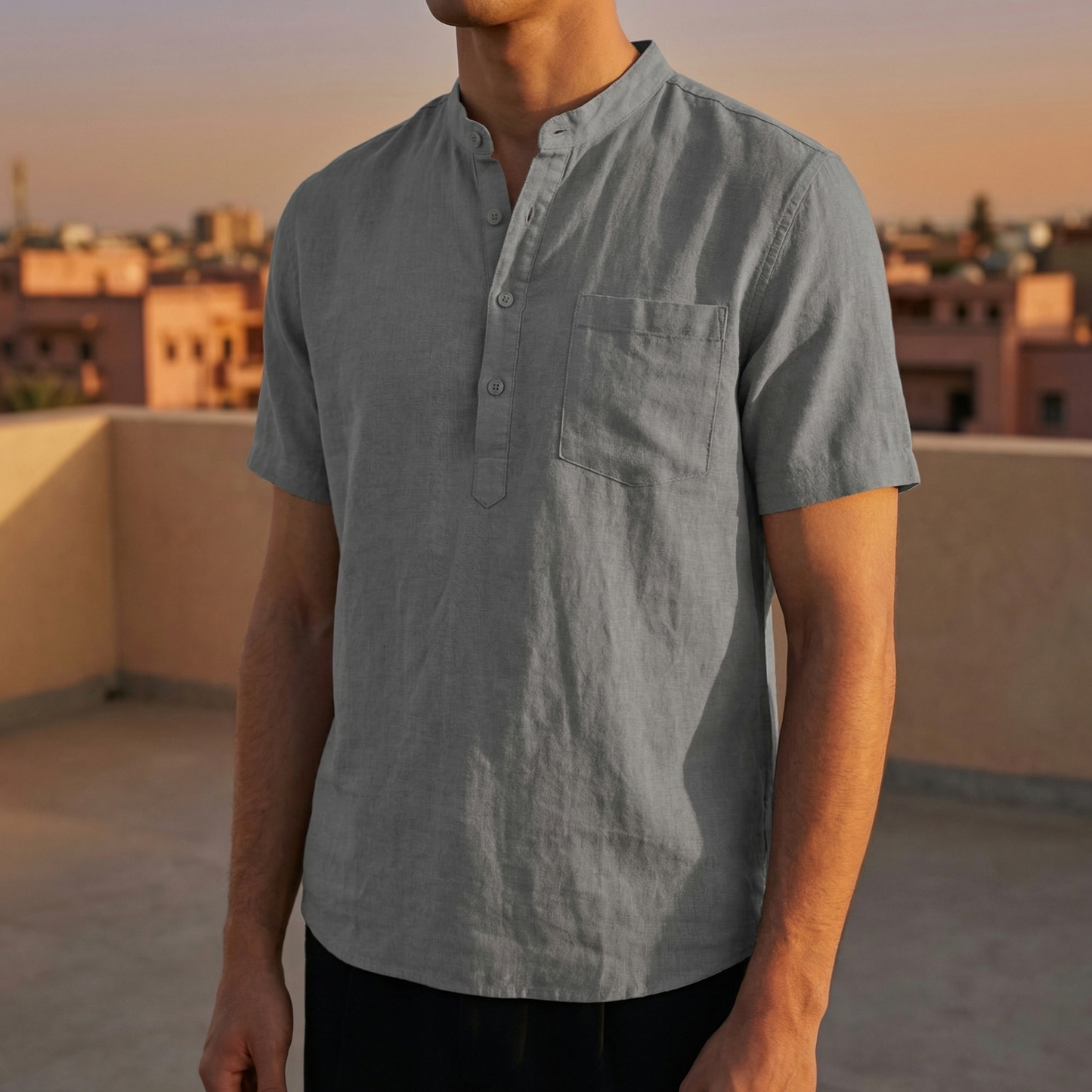 Portofino Men's Cotton Linen Henley Shirt - 
Fashinoza