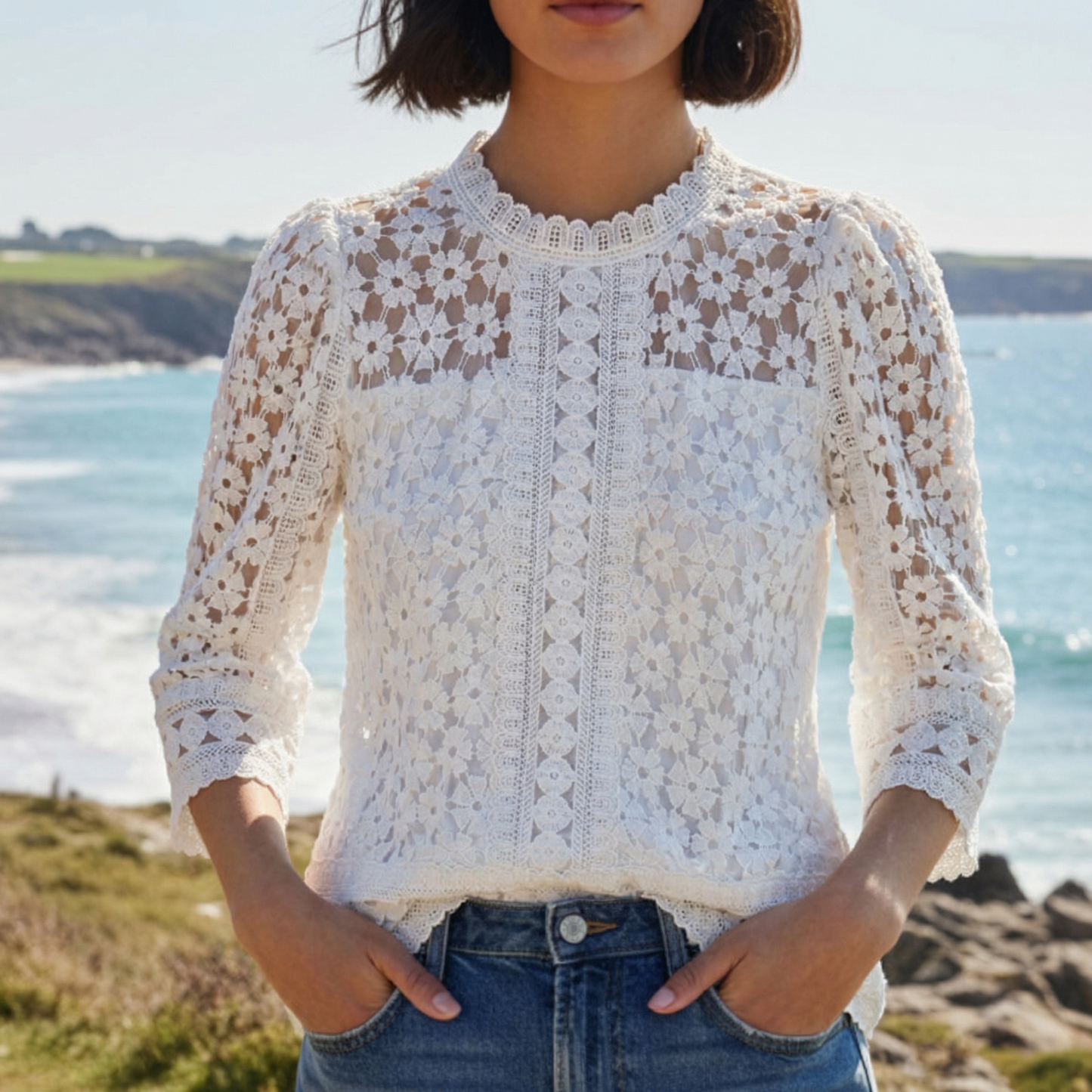 Women's Lace Blouse Puff Sleeves - 
Fashinoza