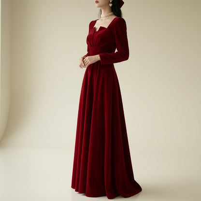 Women's Long Sleeve Square Collar Red Wedding Dress - 
Fashinoza