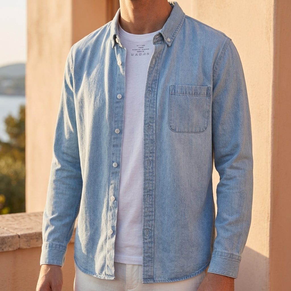 Men's Cotton Long Sleeve Denim Shirt - 
Fashinoza