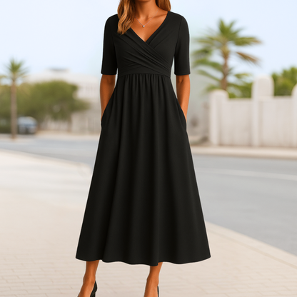 Women's Red Midi V-Neck Evening Dress