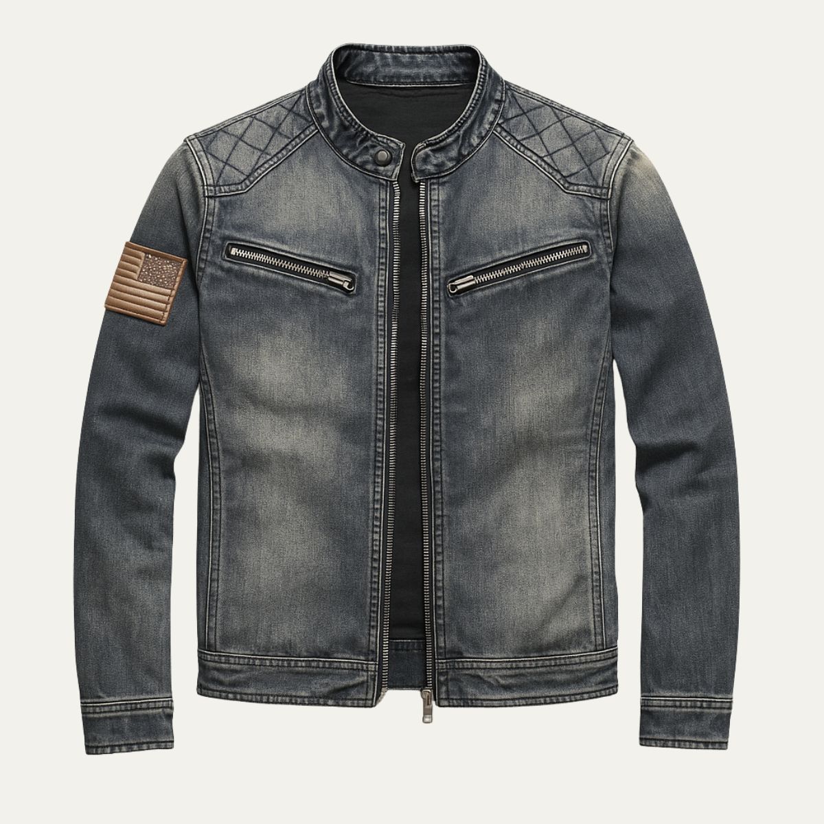 Men's Slim Fit Denim Jacket Zip Collar - Fashinoza