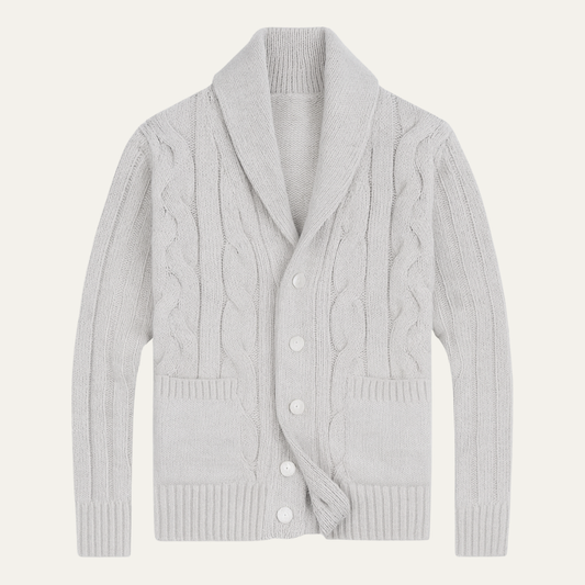 Men's Cable Knit Cardigan Warm Shawl Collar Beige - Fashinoza