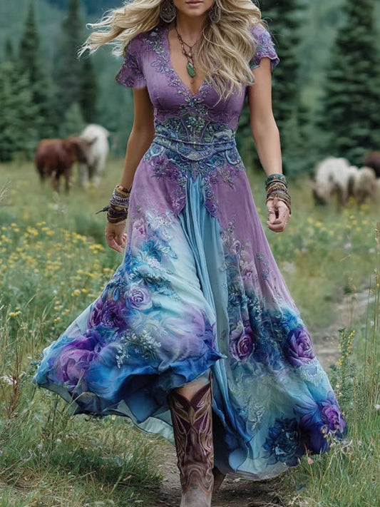 Women's Floral Maxi Dress Gradient Print - Fashinoza