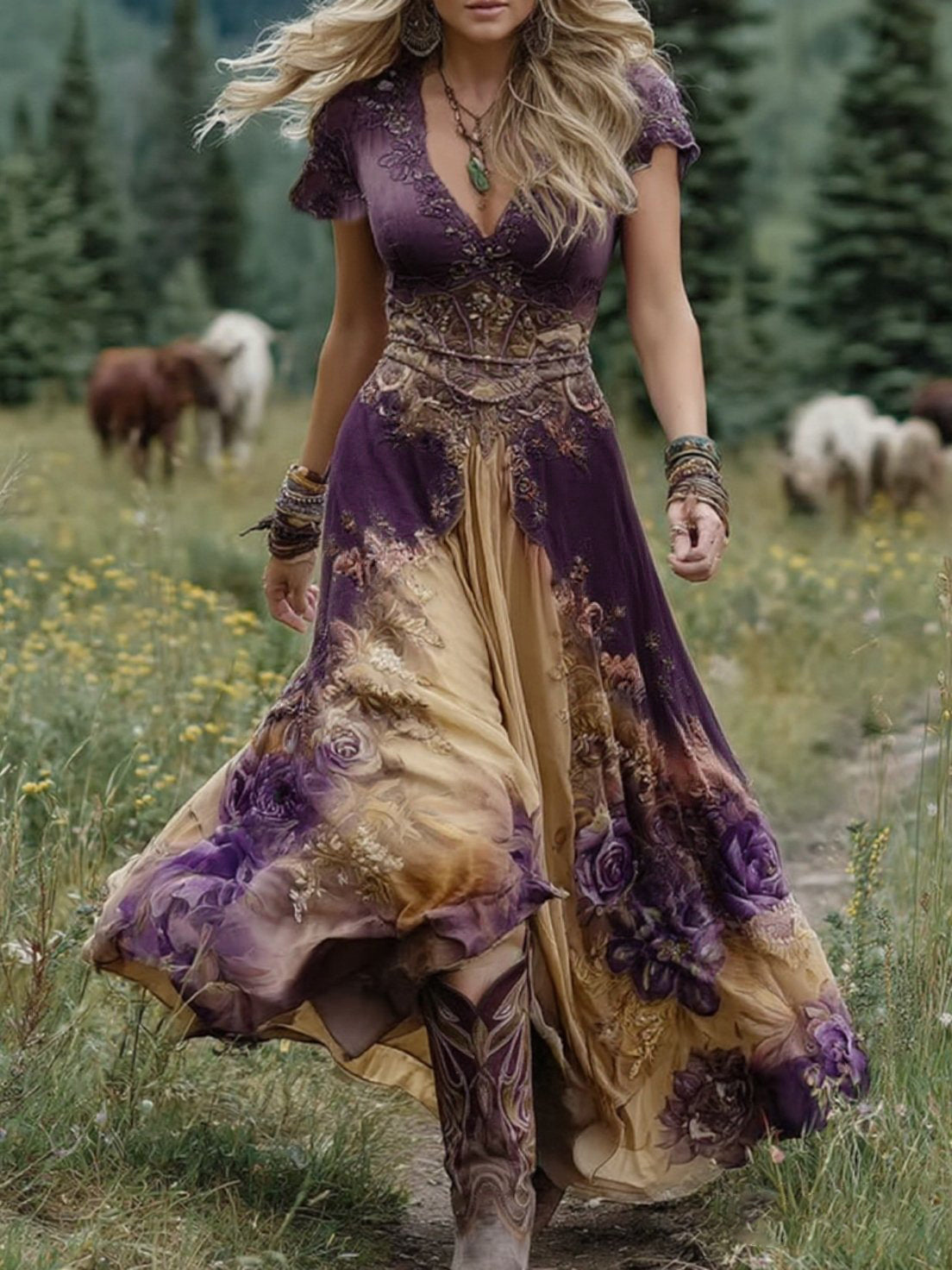Women's Floral Maxi Dress Gradient Print