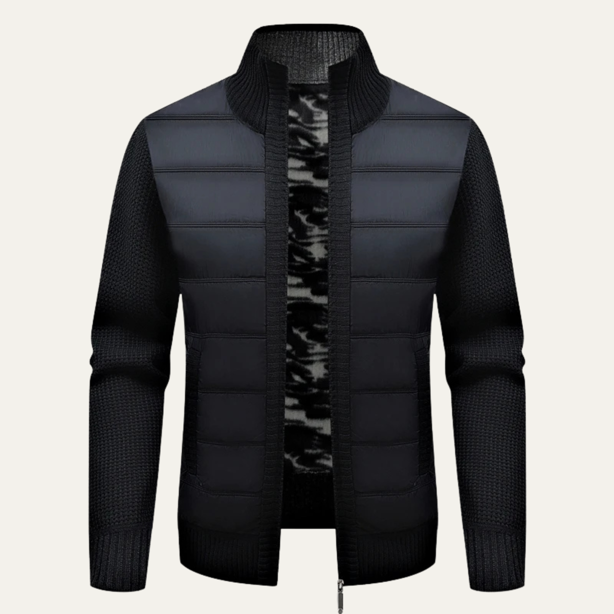 Men's Quilted Puffer Jacket Warm Zip Up Knit Black - Fashinoza