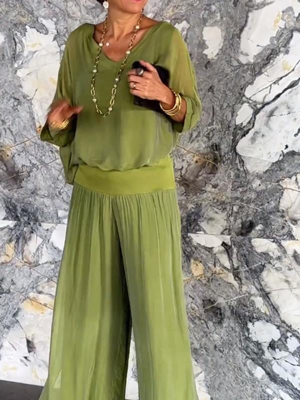 Women's V-Neck Jumpsuit Wide Leg Batwing Sleeve 2 Piece - Fashinoza