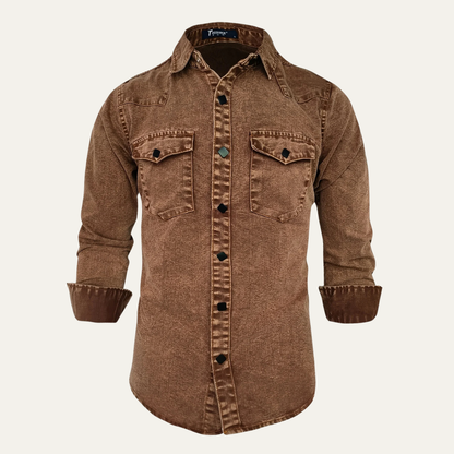 Men's Denim Work Shirt Vintage Washed Blue - Fashinoza