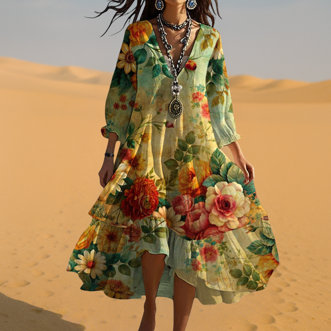 Women's Floral Midi Dress V-Neck 3/4 Sleeve