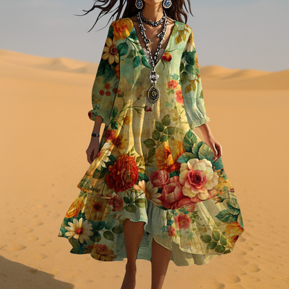 Women's Floral Midi Dress V-Neck 3/4 Sleeve